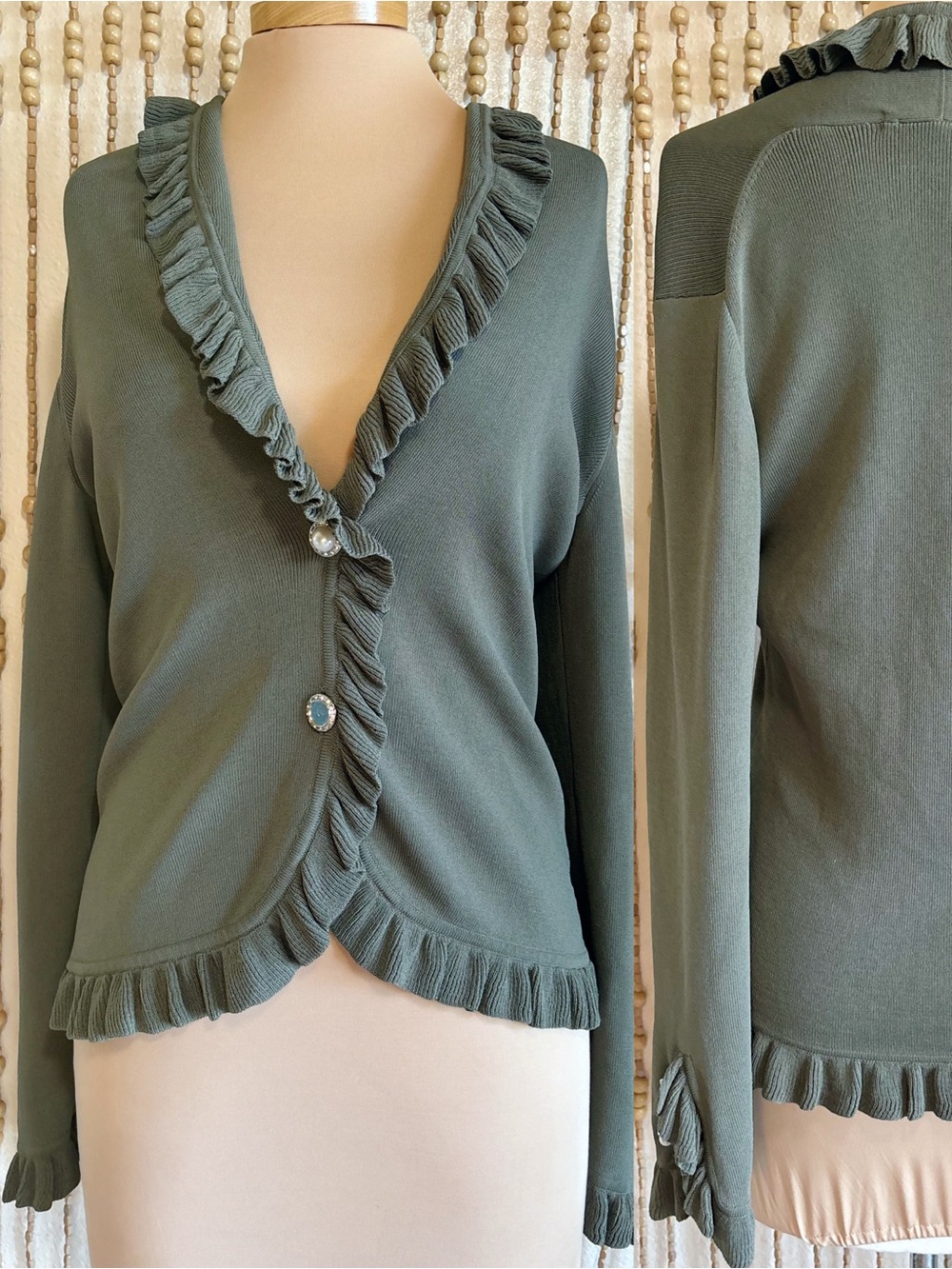 Y2K BCBGMaxazria Olive Pearl Ruffle Long Sleeve Coquette Wine Mom Fairy Cardigan